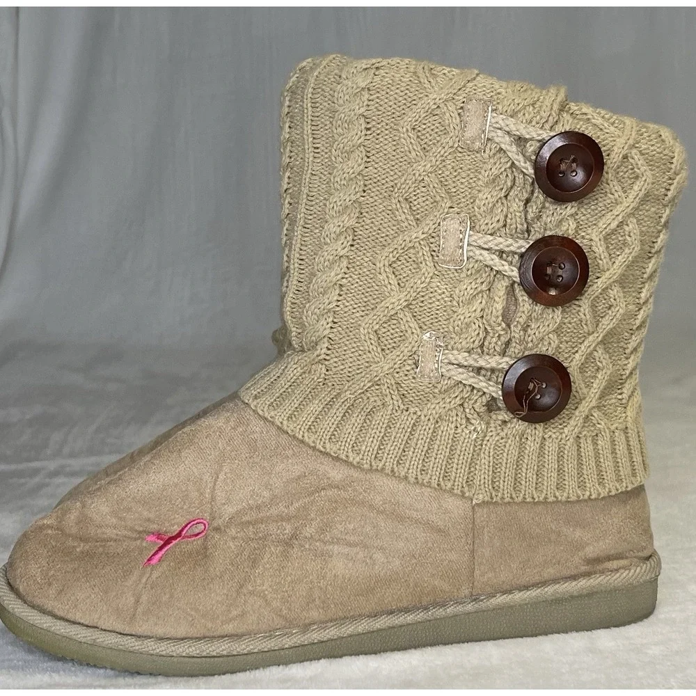 Breast Cancer Site Women's 11 Beige Mid Calf Boots Pink Ribbon Faux Shearling